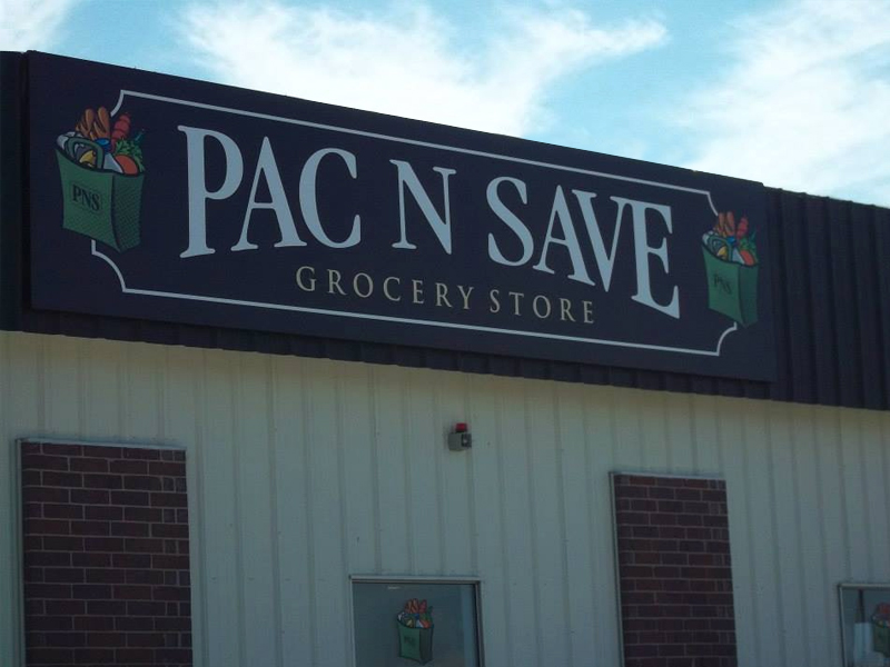 View of the Pac N Save grocery store sign in Wayne, NE
